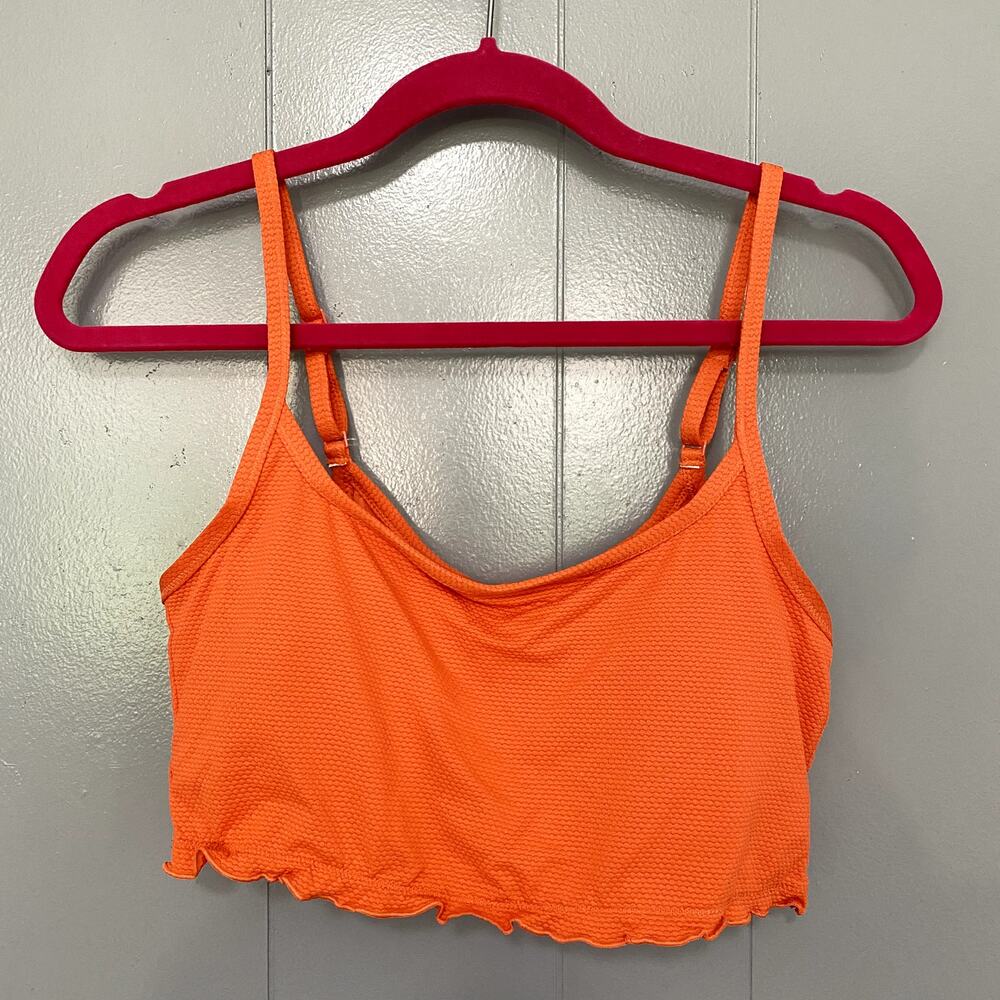 NEW Aerie Orange Textured Longline Scoop Ruffle Swimsuit Bikini Top L